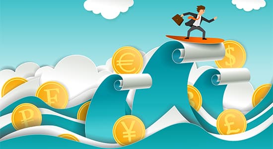 Buisinessman riding a wave illustration with water and surf made up of money and coins
