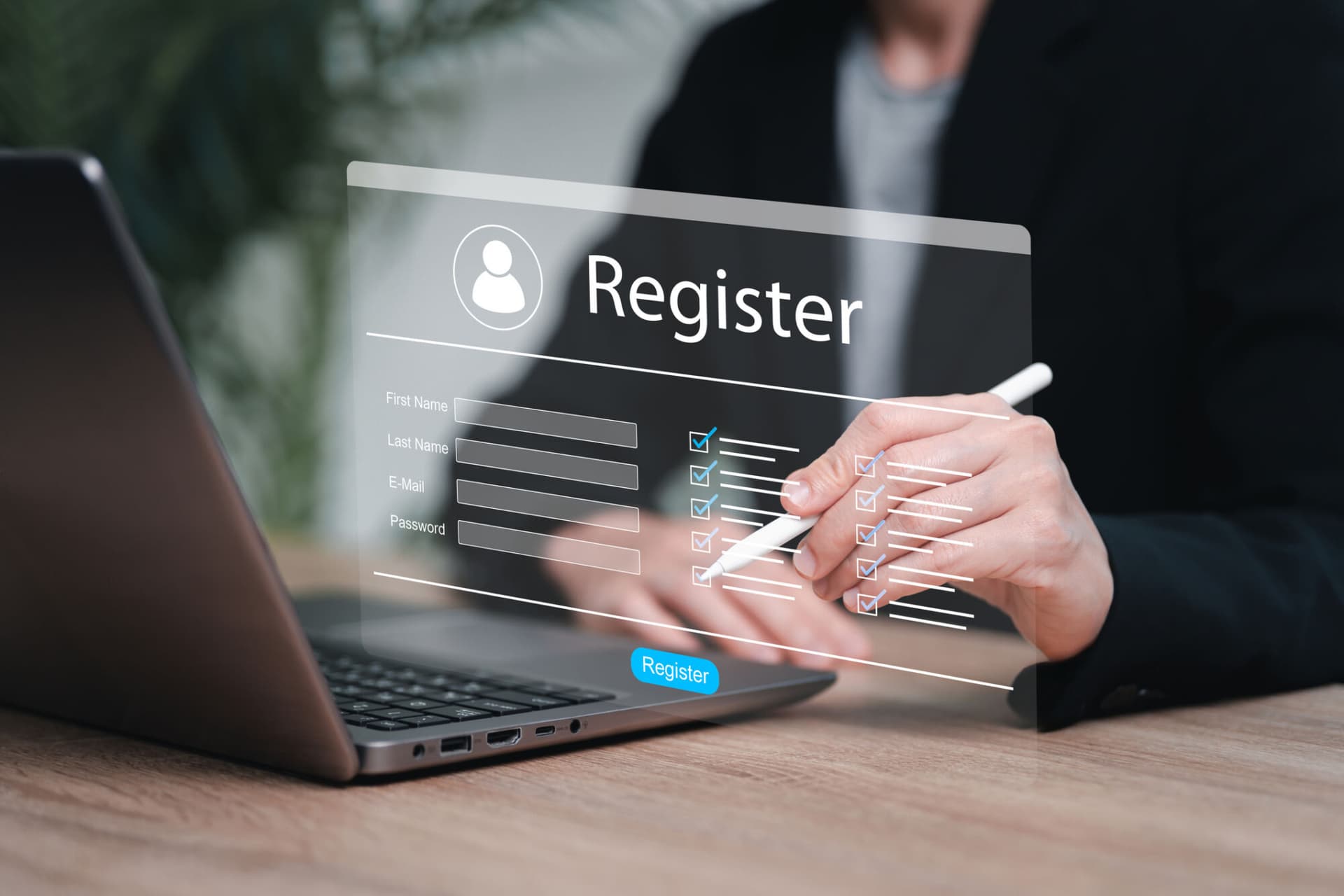 Online registration form, identity verification,Personal information verification concept, Businesswomen registration online answer questionnaire electronic, Personal information, Info website, Filling